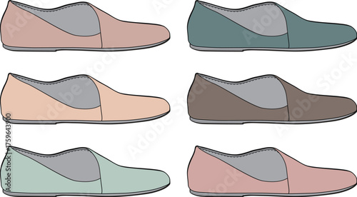 Vector set of six women's casual flat shoes in different pastel and muted colors, a stylish footwear collection isolated on white background
