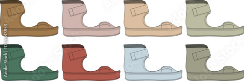 Collection of modern chunky sandals in a variety of color palettes. Vector illustration set of trendy summer footwear for comfortable fashion