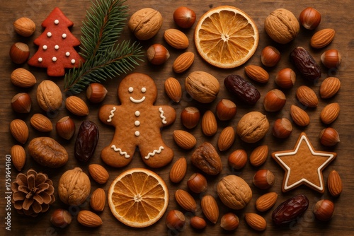 Gingerbread cookies, nuts, dried orange slices, and a pine cone are arranged on a dark brown wooden surface.