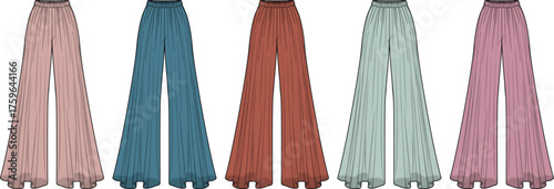 Set of elegant wide-leg palazzo pants in a variety of muted colors. Fashion illustration of flowy, high-waisted trousers for a chic clothing concept