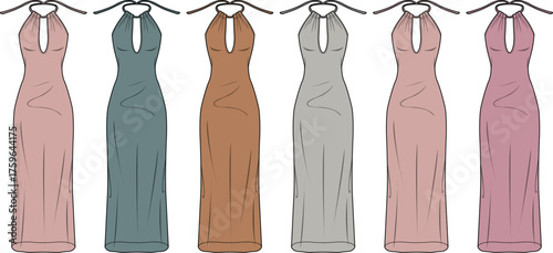 Set of elegant long evening gowns with a keyhole halter neckline, a fashion technical flat sketch collection shown in multiple colorways for design
