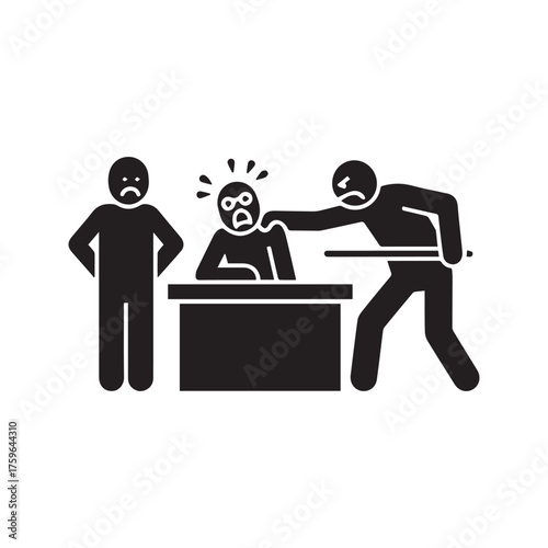 Two Angry Authority Figures Interrogating and Scolding a Scared Person. Bullying, Pressure, and Intimidation at Work or School Pictogram.
