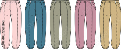 Vector template of women's jogger sweatpants in five pastel colorways. Fashion flat technical drawing for apparel design and clothing manufacturing