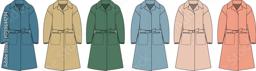 Flat technical fashion illustration collection featuring six vibrant color options for a classic long belted trench coat, perfect for apparel design concepts