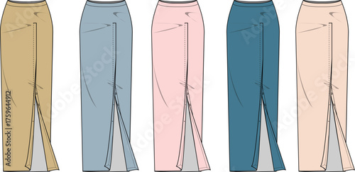 Fashion sketch of a variety of wrap skirts in different colors, showing the design details and style