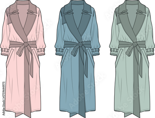 Set of technical flat sketches for a women's trench coat with a tie belt and smocked sleeve cuffs. Fashion design vector illustration in multiple color options