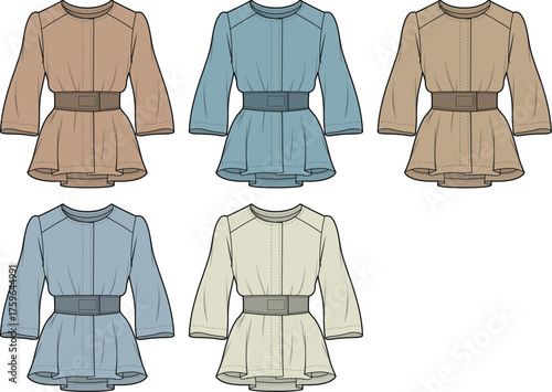 Women's belted peplum top with long sleeves, shown in various color options as technical fashion flat drawings, ideal for apparel design and style documentation