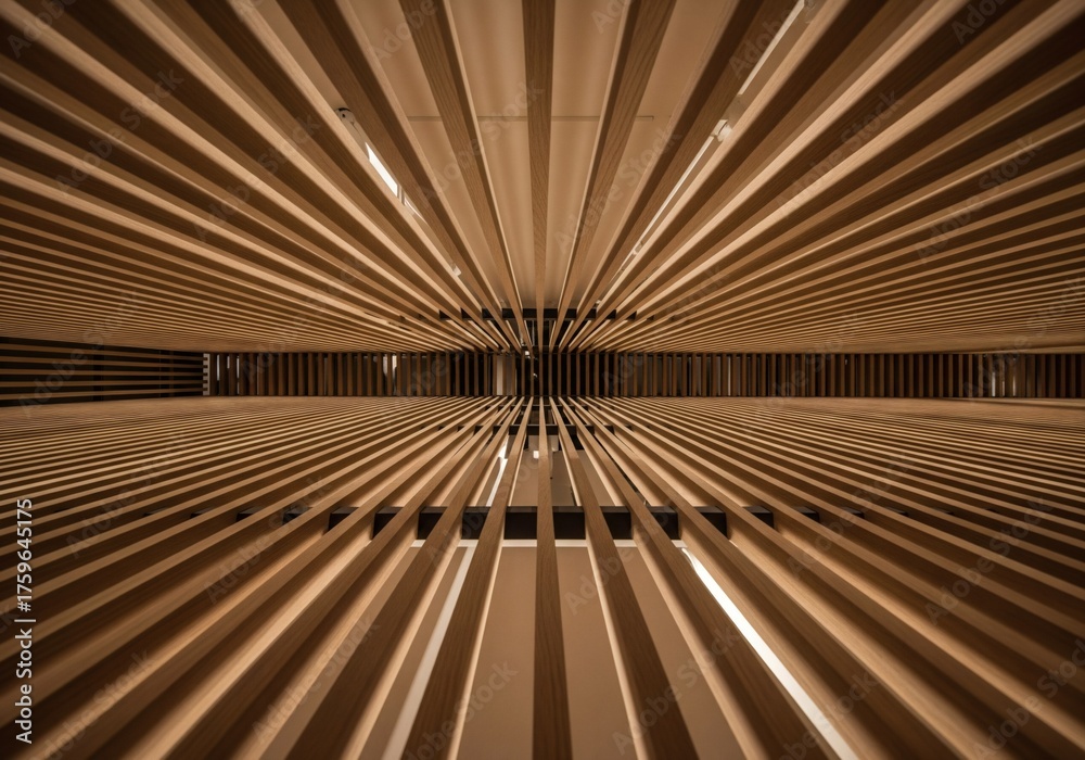 Obraz premium Abstract low-angle perspective of a wooden slat ceiling or wall creating a sunburst pattern