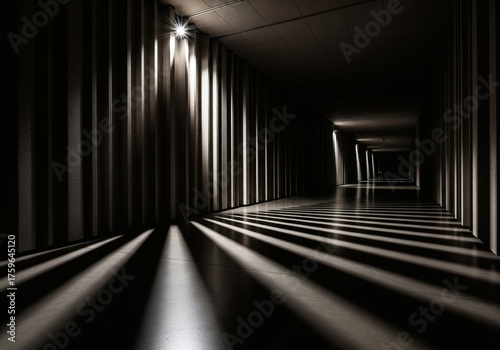Dark and dramatic corridor with ribbed walls, sharp light, and long shadows on the floor