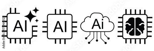 Artificial intelligence AI processor chip vector icon. AI system icon vector illustration. Artificial intelligence application logo, ai stars colorful and flat black icon set. Vector illustration eps