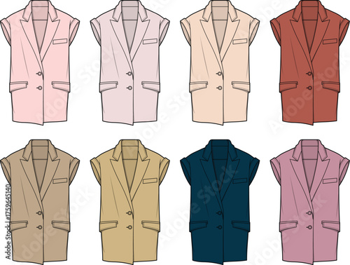 Eight Sleeveless Blazer Jackets in Various Colors on a White Background, Fashion Illustration