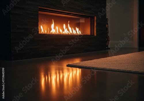 Modern gas fireplace with vibrant flames and reflection on a polished dark floor in a cozy room