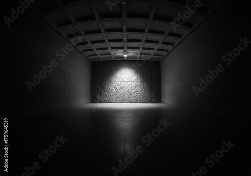 Dark and dramatic black and white shot of an empty concrete room with a textured wall and single spotlight