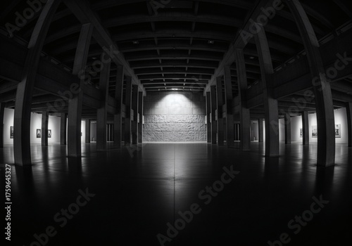 Black and white dramatic perspective of a vast, empty concrete hall or gallery