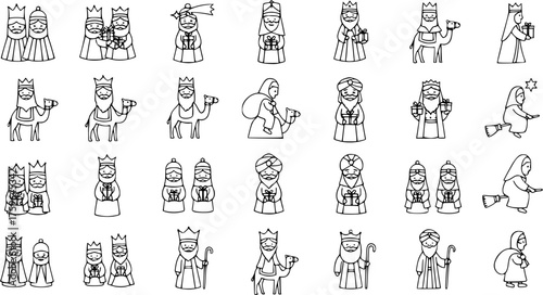 Collection of line art illustrations depicting Three Wise Men (Magi) with gifts and camels, alongside Befana characters on brooms, perfect for Epiphany and Christmas holiday designs.