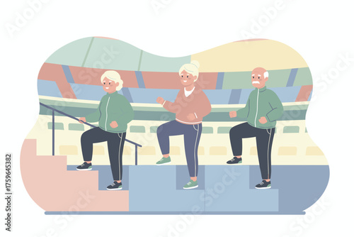 Happy seniors exercising on stadium stairs Active lifestyle fitness and healthy aging concept