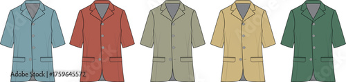 Set of colorful vector lab coats for scientific and medical professionals. Collection of uniforms in various shades