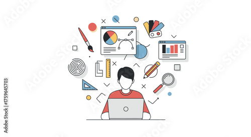 Creative designer working on laptop, surrounded by design tools, charts, and color palettes, perfect for illustrating modern design and technology concepts
