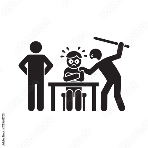 Two Angry Authority Figures Interrogating and Scolding a Scared Person. Bullying, Pressure, and Intimidation at Work or School Pictogram.
