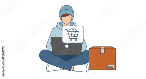 Trendy shopper enjoys online shopping from home using laptop, next to delivery box, symbolizing convenience and modern lifestyle in stylish comfort