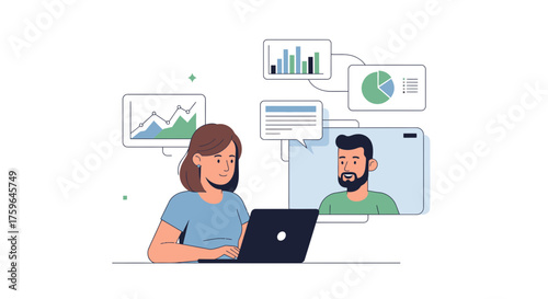 Woman collaborating remotely with data visualizations, connecting with team member, perfect for illustrating remote teamwork, digital meetings, and online business