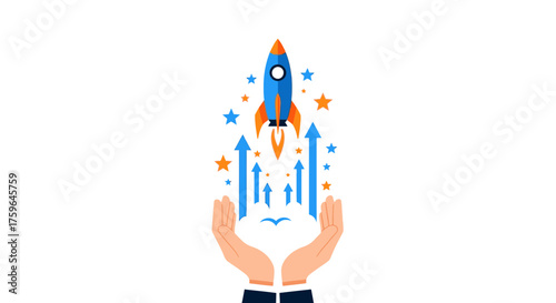Hands launching a rocket, symbolizing business startup success and growth with upward arrows and stars, conveying a message of ambition and reaching for the stars