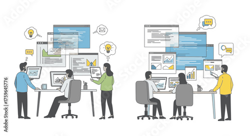 Dynamic team collaboration on data analysis, driving innovation and insightful business decisions in a modern tech office, showcasing teamwork and progress