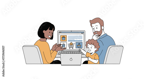 Happy family enjoys online shopping together using a laptop, kid pointing to the screen, parents smiling, creating memories with technology