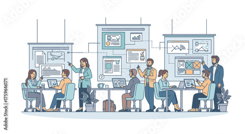 Dynamic team collaboration showcasing data insights and innovative strategies during productive office meeting, perfect for illustrating business success