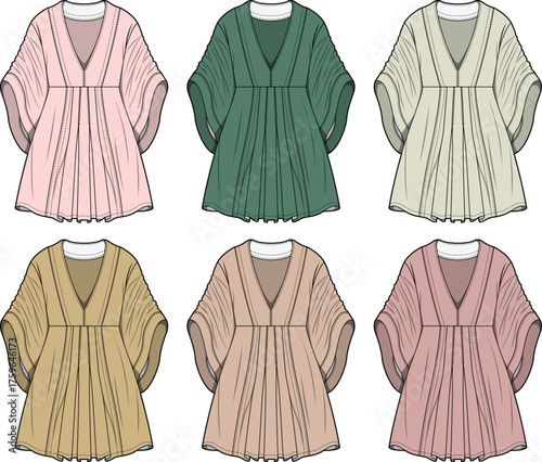 Assortment of Pleated V-Neck Tunic Blouses in Various Pastel and Earthy Tones for Fashion Design