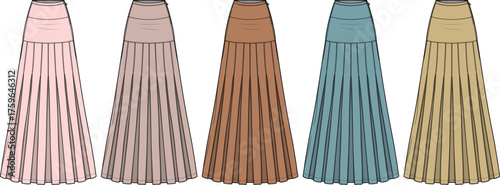 Technical flat fashion sketch set of women's pleated maxi skirts. A colorful apparel collection of long A-line skirts for clothing design templates