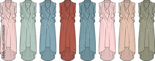 Collection of elegant ruffled high-low dresses in various fashionable colors