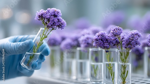 Hand Holding Fresh Lavender in Test Tube Among Glass Containers