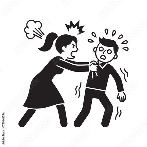 Angry Woman Grabs and Shouts at Scared Man. Stick Figure Icon Representing Domestic Violence, Conflict, and Relationship Abuse.
