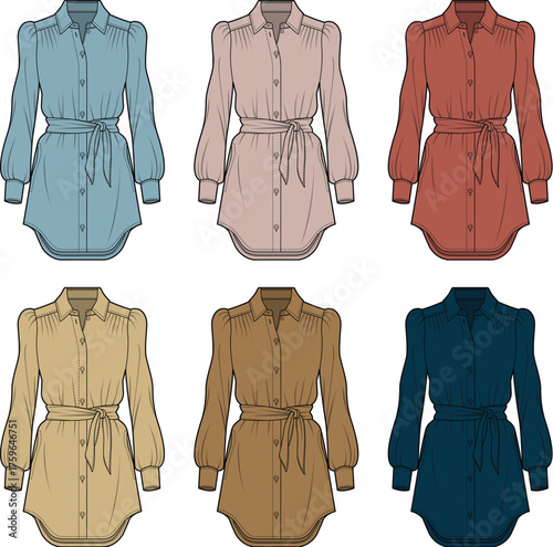 Collection of six women's fashion shirts in various muted colors, elegantly displayed against a white background, showcasing textile design and apparel options