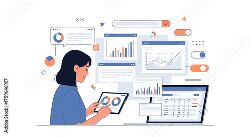 Data analytics dashboard illustration shows woman analyzing charts on tablet and laptop, perfect for business intelligence and reporting concepts