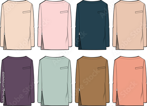 Technical flat sketch concept for a long sleeve tunic top with a chest pocket and side seam zipper detail. Apparel design vector template set