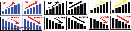 Increase and decrease funds icon vector showing financial growth and decline. Rising trend with money stack