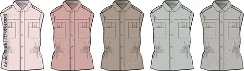 Sleeveless utility shirts in a palette of muted tones, presented as a lineup of fashion sketches
