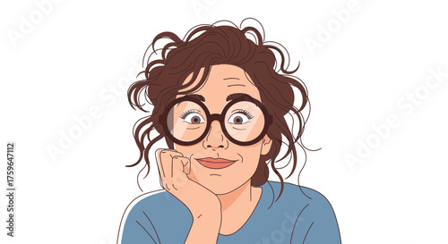 Expressive woman with glasses looking thoughtful and curious, a charming illustration for creative projects and relatable designs, originally a vector graphic