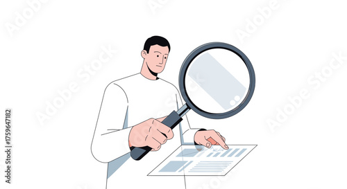 Focused analyst reviewing data with magnifying glass, uncovering insights for strategic decision-making and business growth, a modern professional concept
