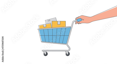 Hand pushes shopping cart filled with delivery boxes, perfect for e-commerce promos, online retail, or illustrating order fulfillment services
