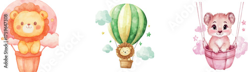 In this watercolor illustration, a hot air balloon is shown flying with a baby lion
