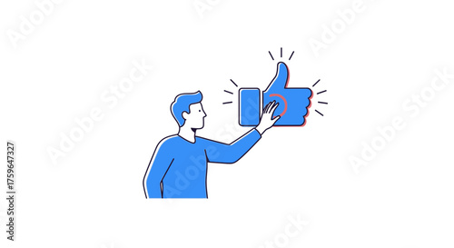 Get Social Boost! Man Interacting with Thumbs Up Icon for Engaging Content and Positive Feedback, Perfect for Marketing and Online Promotion