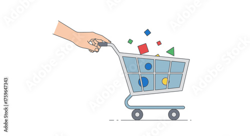 Hand pushing shopping cart overflowing with vibrant shapes, perfect for retail promotions, creative concepts, and playful marketing visuals