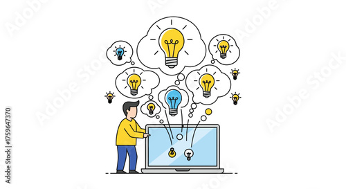 Unlock innovative solutions with this illustration of a person using a laptop to generate brilliant ideas, visualizing brainstorming and creative thinking