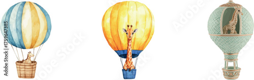 A watercolor illustration shows a baby giraffe flying accompanied by a hot air balloon