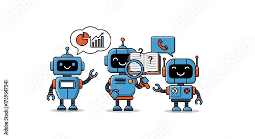 ai robots analyzing data  researching presenting insights with call for assistance ideal for tech blogs  ai innovation concepts.