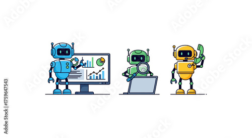 ai robots analyzing data trends offering support and investigating system issues for ai-driven customer service  it automation solutions
