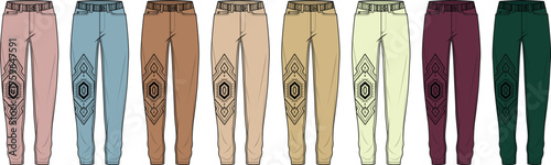 Fashion design template of women's joggers in a vibrant color palette, featuring an ornamental geometric print on the knee